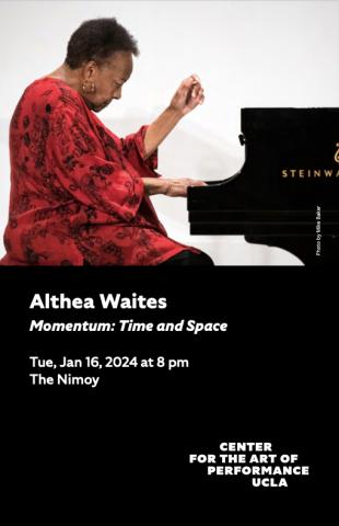 Program cover for Althea Waites, featuring a photo of Althea sitting at and playing a piano