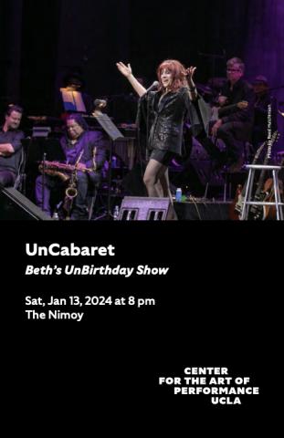 Program cover for UnCabaret's January show, featuring a photo of Beth Lapides on stage