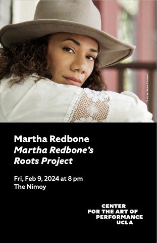 Cover of Martha Redbone's house program featuring a photo of Martha wearing a white dress and looking over her shoulder while wearing a beige hat