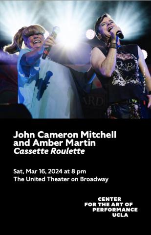 Cassette Roulette program cover featuring image of Amber Martin and John Cameron Mitchell on stage, smiling at crowd while singing