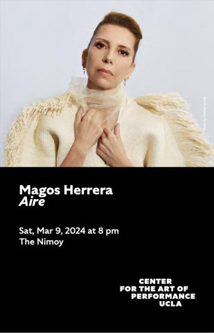 Program cover for Magos Herrera, featuring photo of Magos posed while wearing a cream colored sweater
