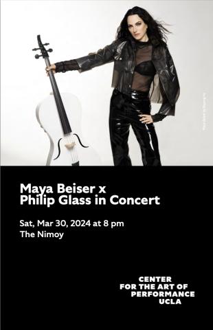 Maya Beiser program cover featuring image of maya holding a white bass cello