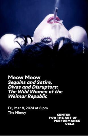 Program cover for 'Meow Meow' featuring photo of Meow Meow smoking a cigarette