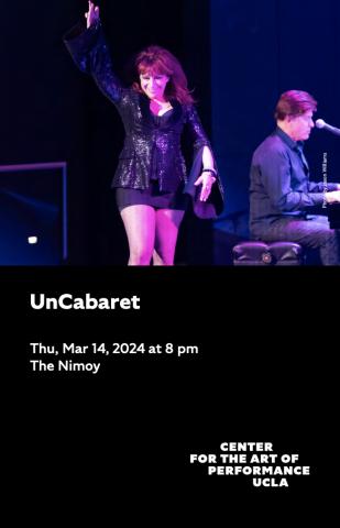 Program cover for UnCabaret's March 2024 show, featuring image of Beth Lapides on stage waving at audience