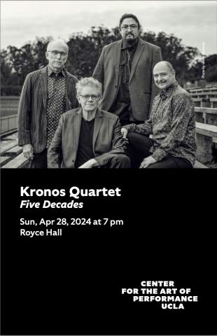 Program cover for Kronos Quarter featuring a black and white image of the group posed outside with trees behind them in the distance