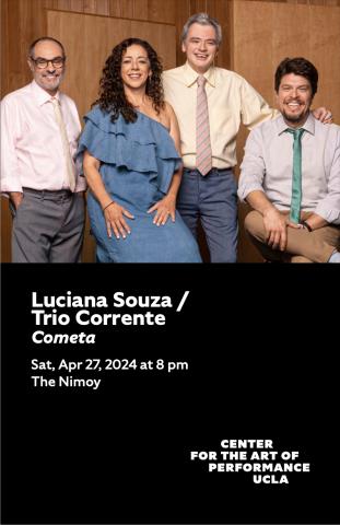 Program cover for Luciana Souza and Trio Corrente, featuring the musicians posed together, smiling, in front of a wood panel wall