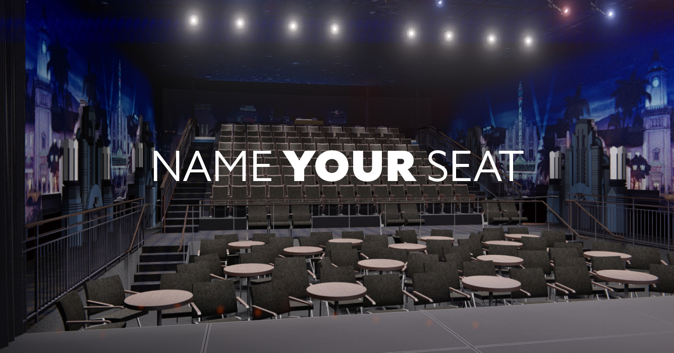 Rendering of Nimoy Theater seats with text reading 'name your seat' 