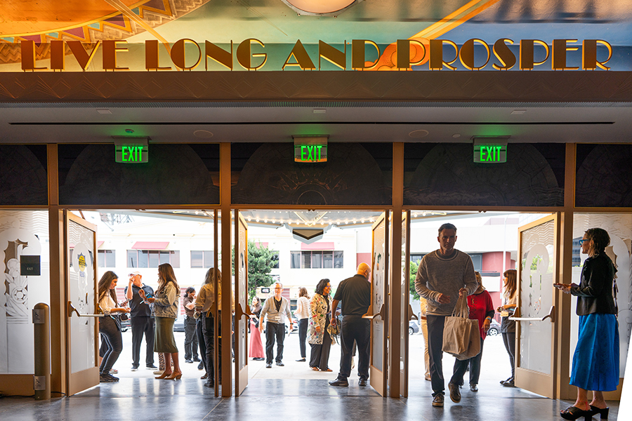 Photo of The Nimoy lobby featuring the lobby doors with 'Live Long and Prosper' above them