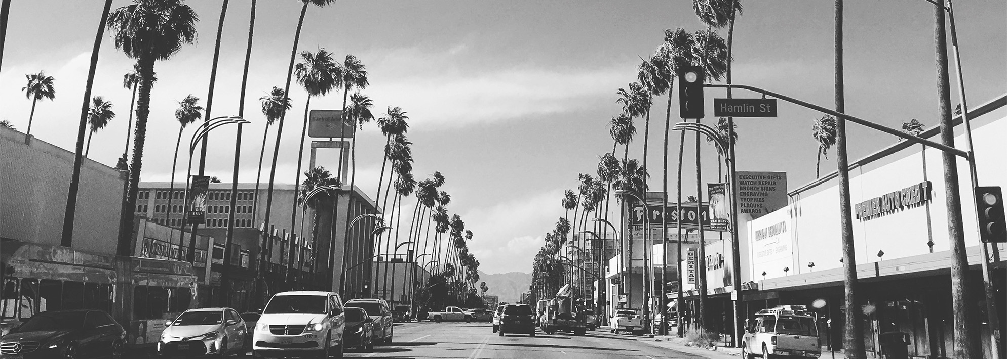 Black and white photo of Los Angeles street