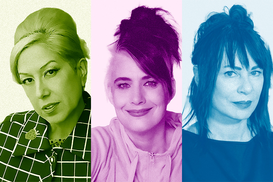 Three way split image of headshots of Alice Bragg, Kathleen Hanna, and Adele Bertei. Alice's image is overlaid with a lime green effect, Kathleen's with a pink effect, and Adele's with a blue effect.