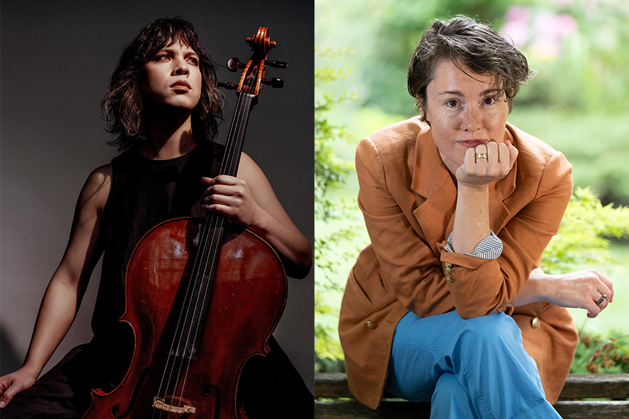 Split image of Andrew Yee posed in front of a grey backdrop holding the viola and Caroline Shaw posed outside wearing a brown blazer, blue jeans, with hand placed under chin
