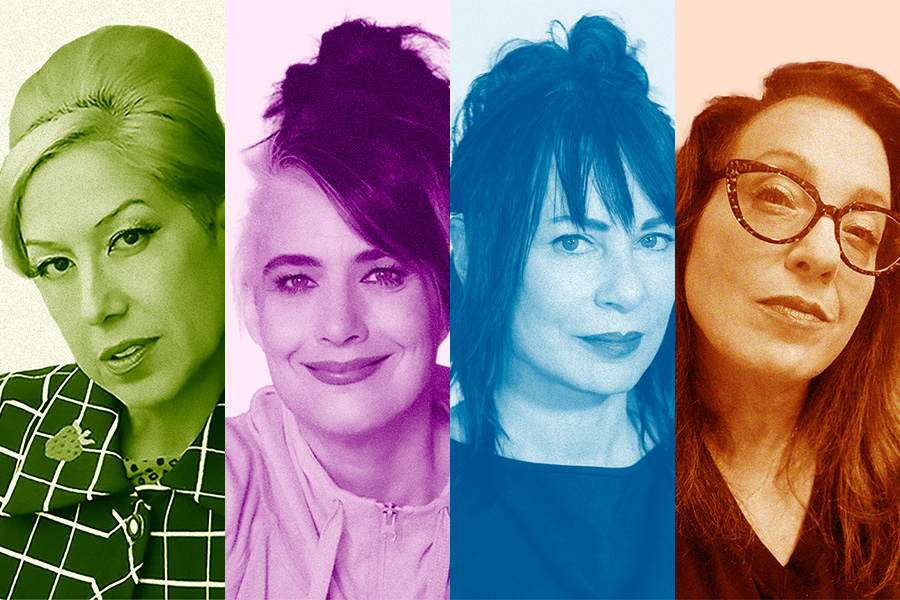 Split image of headshots of Alice Bag, Kathleen Hanna, Adele Bertei and Anna Joy Springer