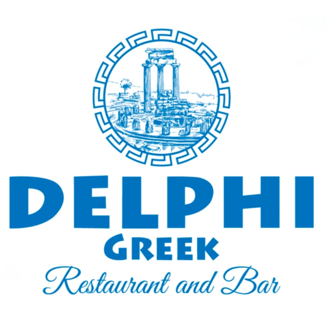 Logo for Delphi Greek Restaurant and Bar featuring drawing of ancient Greece