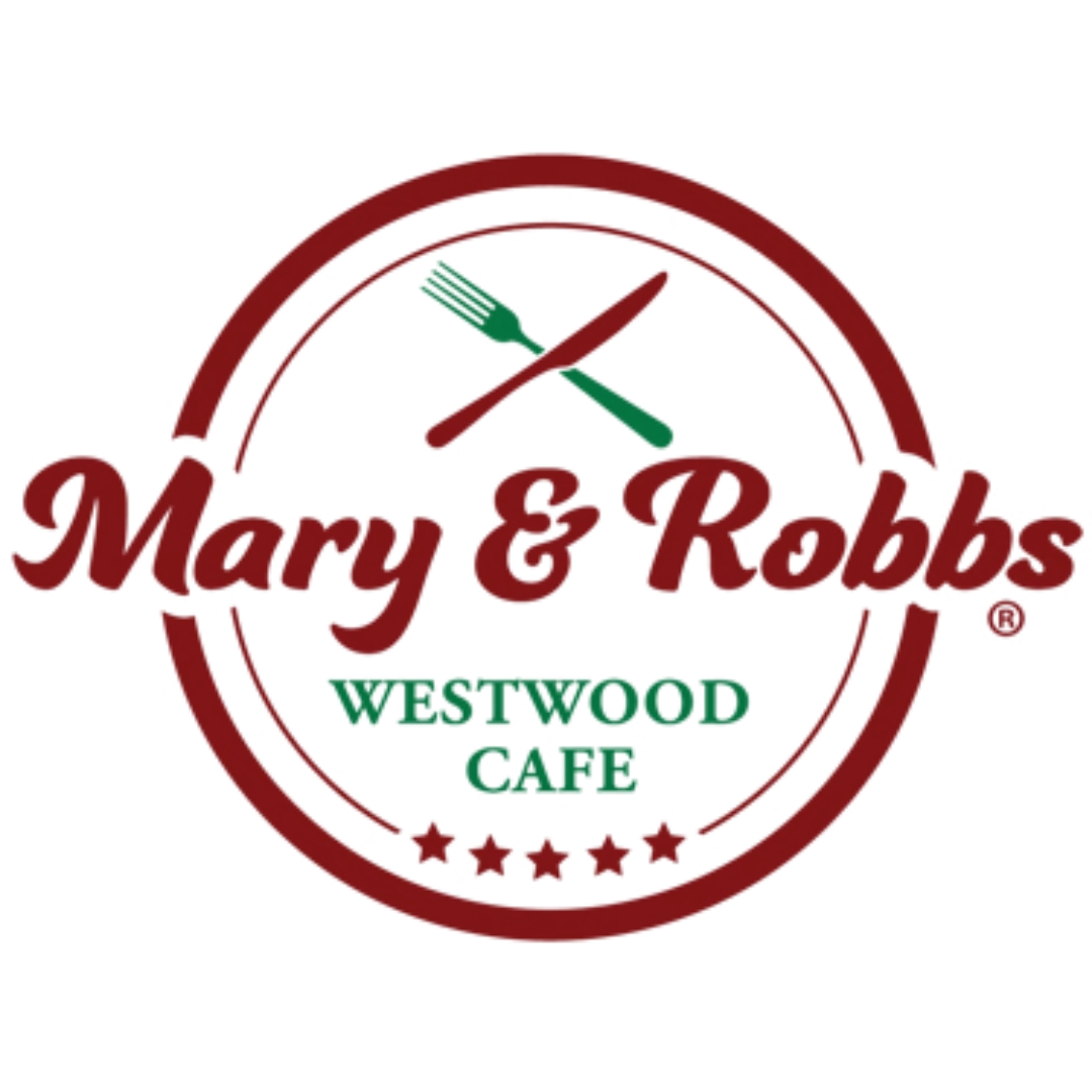 Logo for Mary & Robbs Westwood Cafe featuring a plate with a fork and knife design