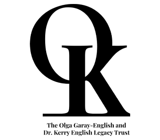 Logo for The Olga Garay-English and Dr. Kerry English Legacy Trust. Logo has a white backdrop with black text, and a prominent 'O' and 'K' intertwined lettering