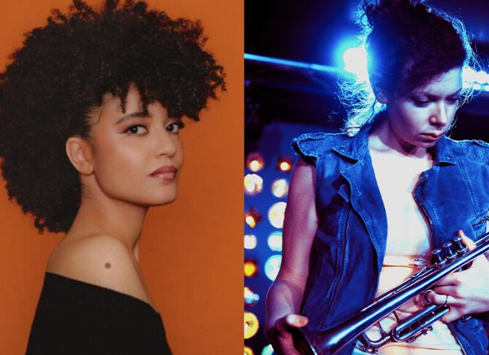 Split image of Milena Casado posed in front of orange backdrop and Steph Richards performing on stage