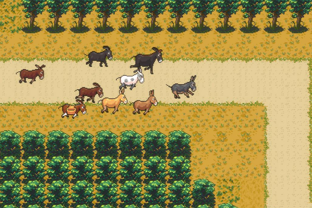 Pixel art scene of various animated donkeys and horses trotting along a dirt path bordered by lush crops and neatly spaced trees — evoking a whimsical, pastoral game-world charm
