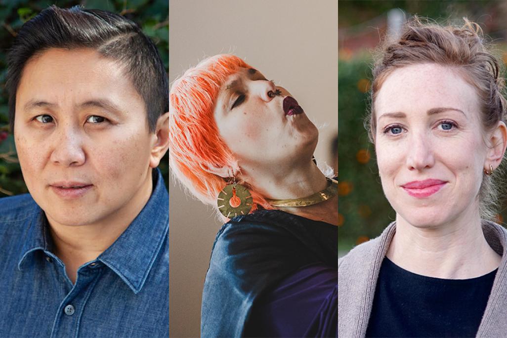 Split image of headshots of Dr. Karen Tongson, Carmina Escobar, and Dr. Megan Auster-Rosen