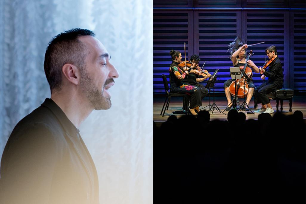 Split-image featuring a male vocalist passionately singing on the left and a dynamic string quartet performance on stage on the right