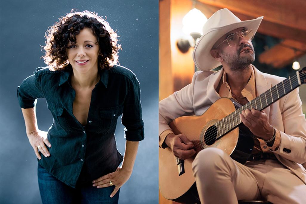 portrait photos of Luciana Souza striking a pose and Marcel Camargo playing the guitar
