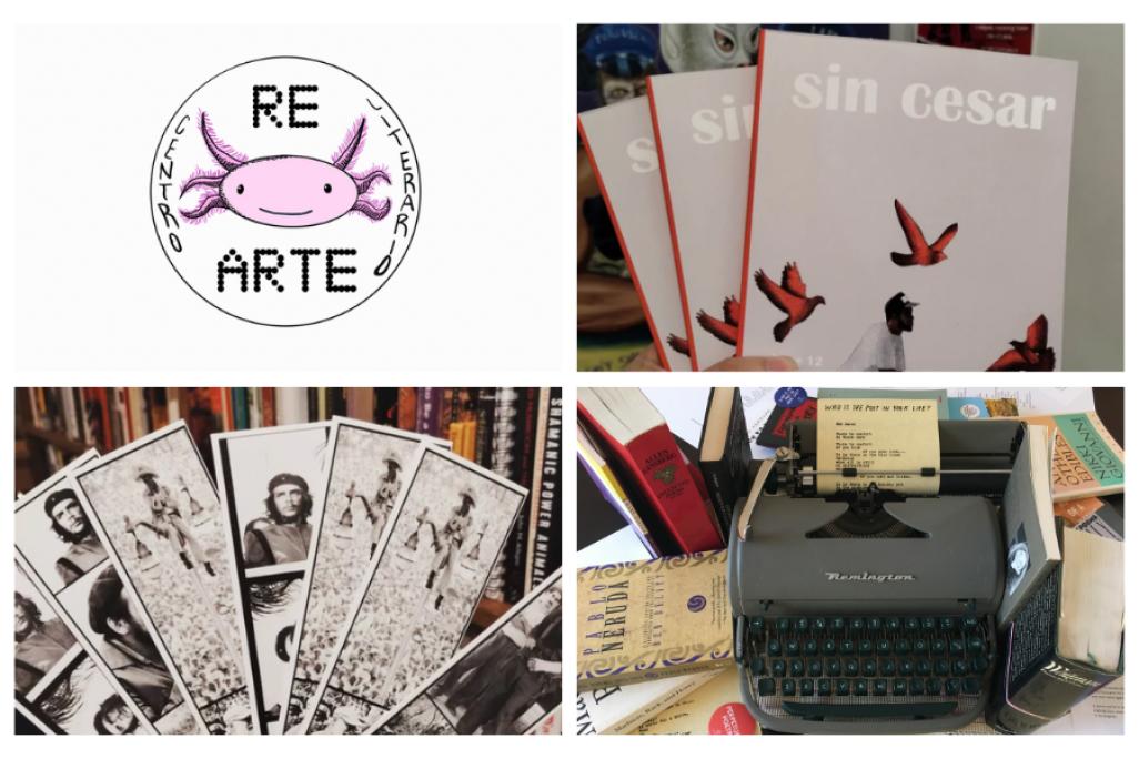 A collage of images including a Re/Arte logo, copies of 'sin cesar,' photos and a typewriter
