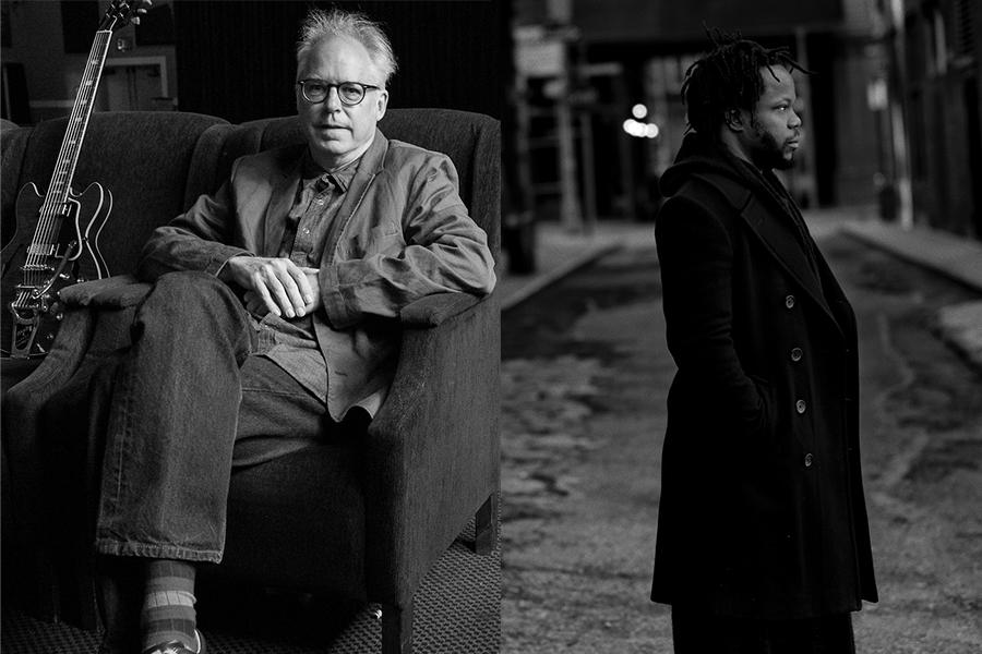 Split black and white image of Bill Frissell and Ambrose Akinmusire