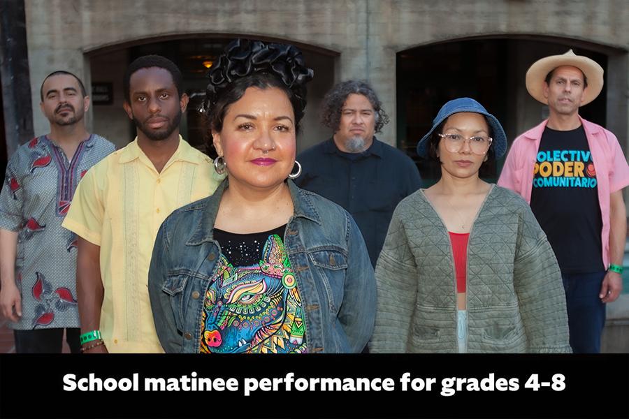 Image of members from Quetzal with text on bottom of frame that reads 'School matinee performance for grades 4-8'