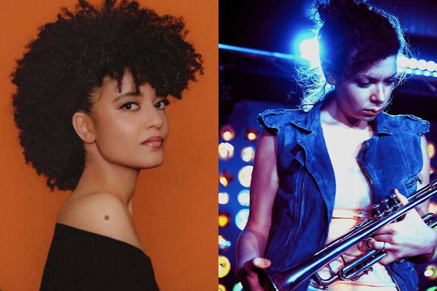 Split image of Milena Casado posed in front of orange backdrop and Steph Richards performing on stage