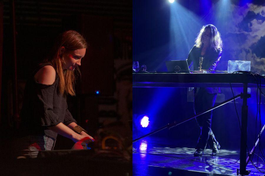 Split image of Bethan Kellough and William Basinski performing on stage