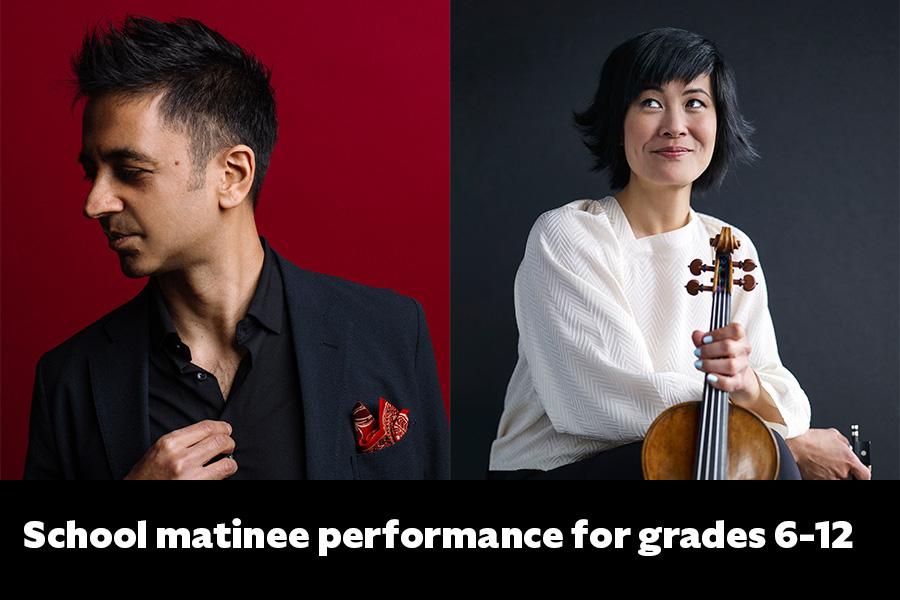 Headshots of Jennifer Koh and Vijay Iyer placed side by side holding instruments