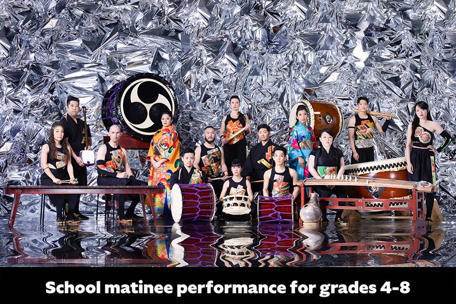 Members of TAIKOPROJECT posing for group shot with large instruments