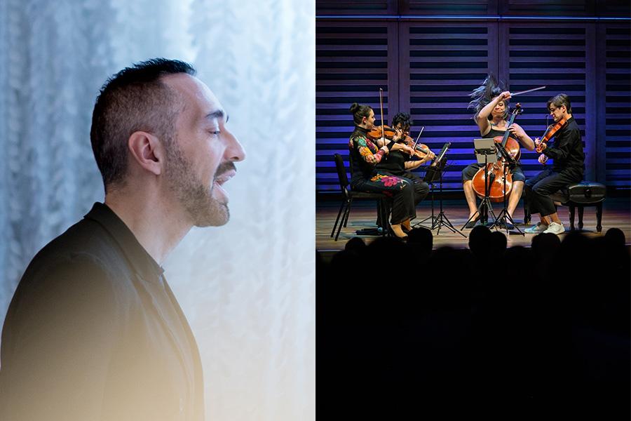 Split-image featuring a male vocalist passionately singing on the left and a dynamic string quartet performance on stage on the right