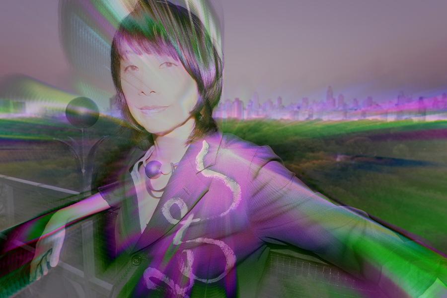 portrait image of eucademix also known as Yuka Honda layered over a city landscape