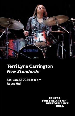 Program cover for Terri Lyne Carrington's 'New Standards,' featuring a photo of Carrington sitting at a drumset playing the drums