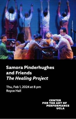 Samora Pinderhughes program cover featuring photo of Samora and dancers on stage in blue lighting