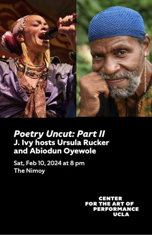 Program cover for Poetry Uncut: Part II featuring a split image of Ursula Rucker singing on stage and Abiodun Oyewole posing with his hand on his chin