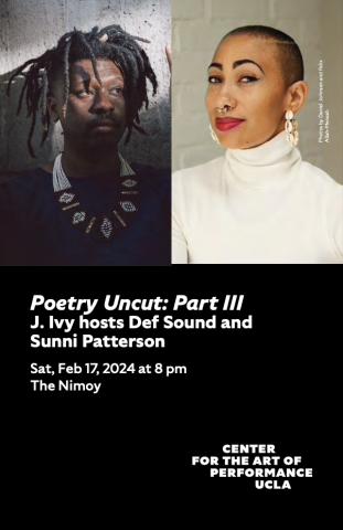 Program cover for Poetry Uncut: Part 3 featuring a split image of Def Sound and Sunni Patterson