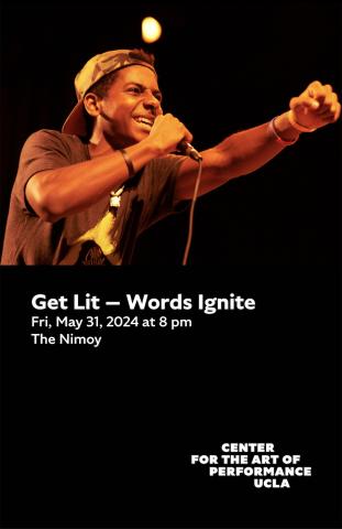 Program cover for Get Lit featuring image of performer on stage, wearing a backwards cap and speaking into a microphone with their fist raised