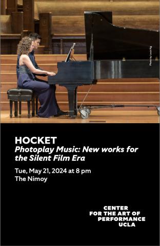 Program cover for Hocket featuring image of Sarah Gibson and Thomas Kotcheff playing a black piano on a wooden stage