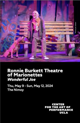 Program cover for 'Wonderful Joe' featuring image of the puppet Joe and his puppet dog standing next to a wooden bench
