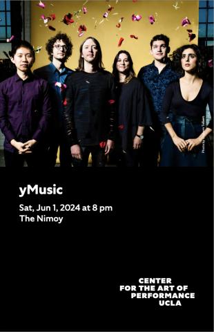 House program cover yMusic featuring image of the band posed in front of a yellow background with flower petals falling above them