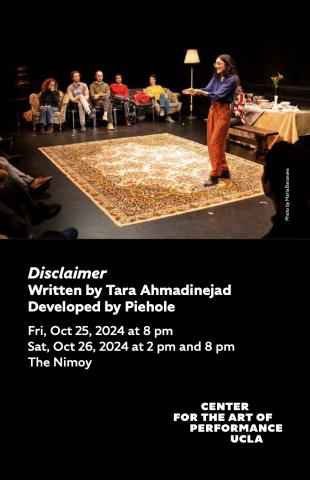 Program cover for Disclaimer featuring image of Tara Ahmadinejad speaking on stage 