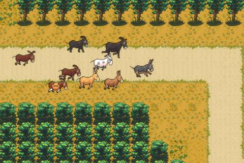 Pixel art scene of various animated donkeys and horses trotting along a dirt path bordered by lush crops and neatly spaced trees — evoking a whimsical, pastoral game-world charm