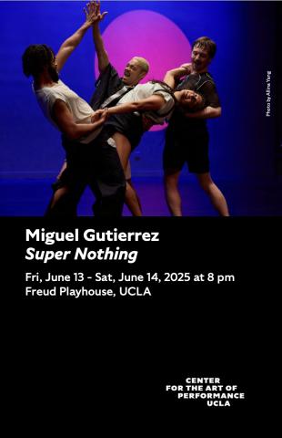 Program cover for 'Super Nothing' featuring 4 dancers posed in front of a blue background with a purple circle projected onto it