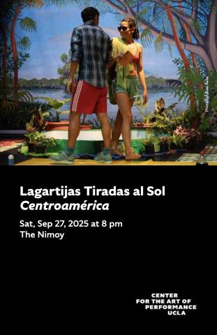 Program cover for Centroamérica, featuring image of two performs on stage standing in front of a backdrop image of a tropical island