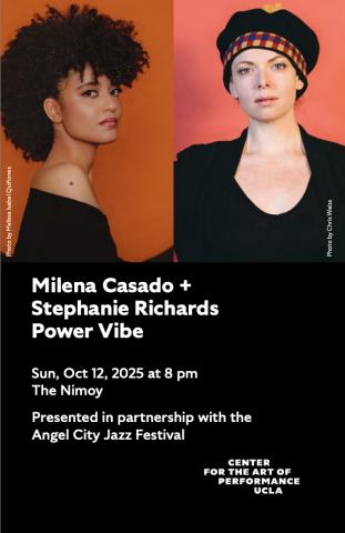 Program cover for Angel City Jazz Festival at The Nimoy, featuring split images of Milena Casado and Steph Richards' headshots, each posed in front of a orange backdrop