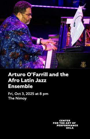 Program cover for Arturo O’Farrill and the Afro Latin Jazz Ensemble featuring image of Arturo O'Farrill playing the piano on stage while wearing red and blue patterned suit 