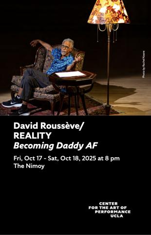 Program cover for 'Becoming Daddy AF,' featuring image of David Rousséve seated in an arm chair on stage with a side table and lamp next to him