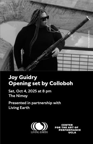 Program cover for Joy Guidry at The Nimoy featuring a black and white image of Guidry posing while wearing black sunglasses, black turtleneck, and holding a bassoon