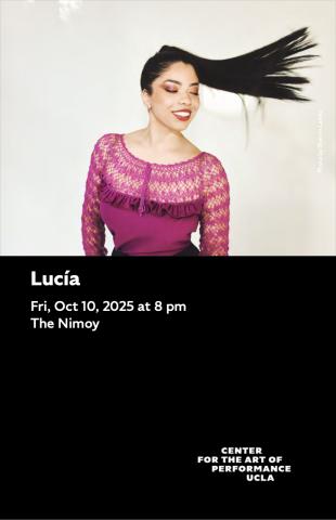 Program cover for Lucía, featuring image of Lucía posing in a pink top and smiling while looking to the right